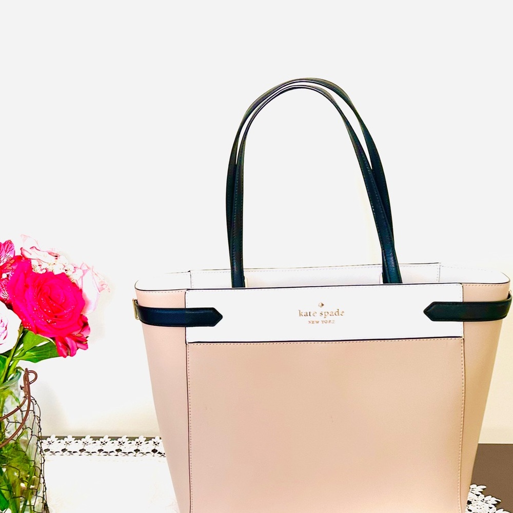 ♠️Kate Spade Stacci Colorblock Tote Bag, Large, Warm Beige Multicolor